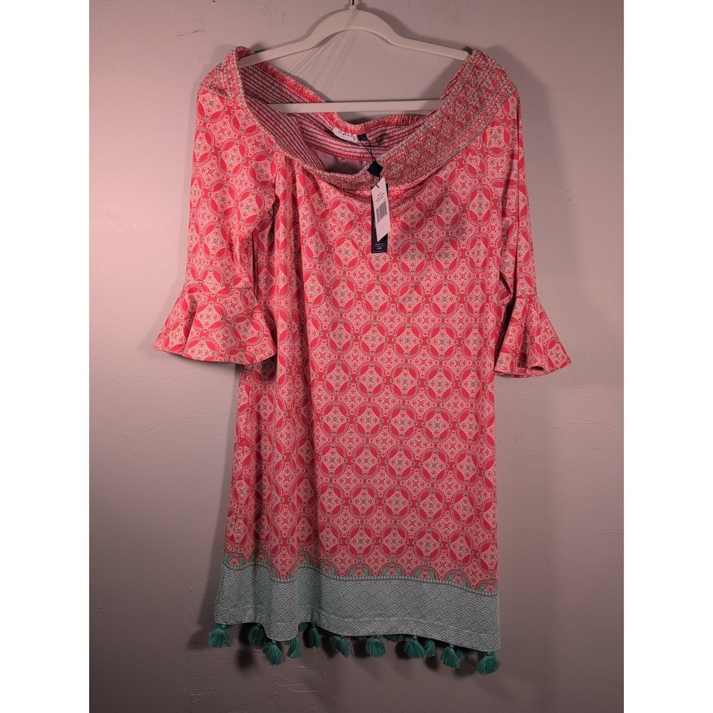 Cabana Life Large Coral Tides Coverluxe Smocked Mini Dress Tassels Off Shoulder